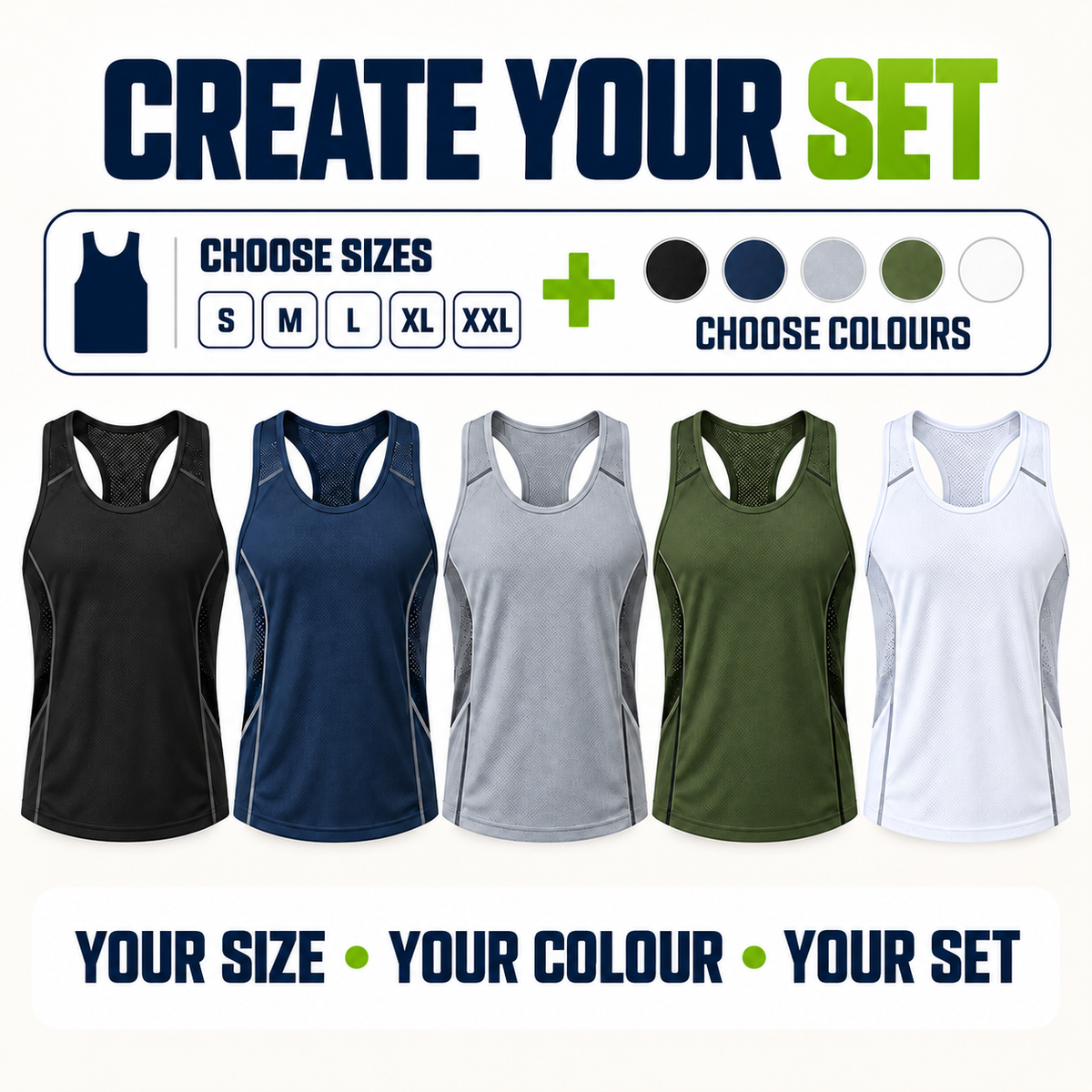 Create Your Set sports tank tops with size and colour choice