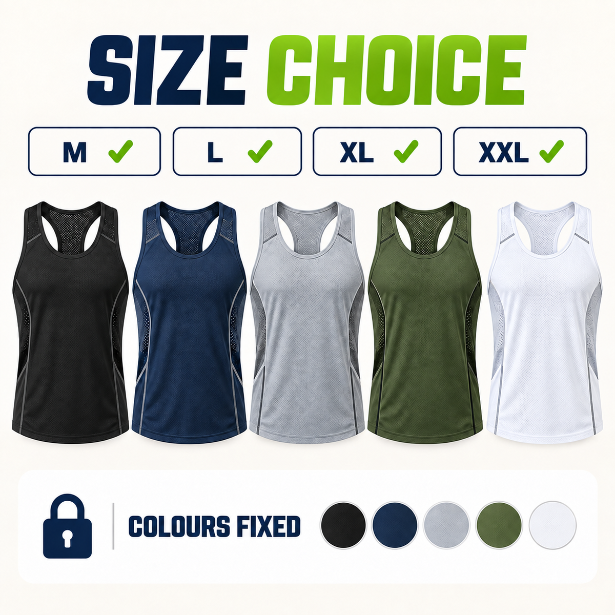 Tank tops with size choice M, L, XL and XXL and fixed colours