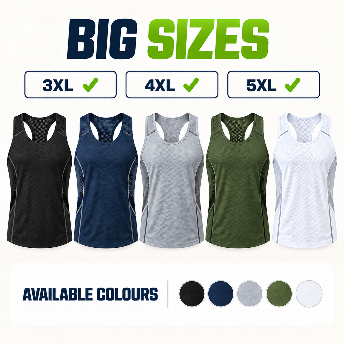 Big Sizes sports tank tops available in 3XL, 4XL and 5XL