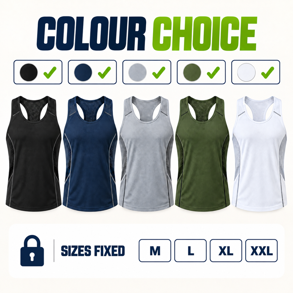 Tank tops with colour choice and fixed sizes M, L, XL and XXL