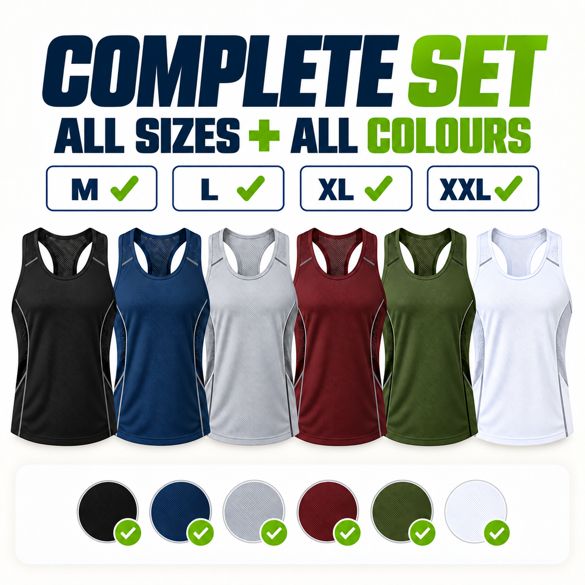 Complete tank top set with all sizes M to XXL and all colours