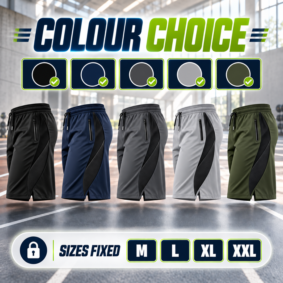 Shorts colour choice — sizes fixed M, L, XL and XXL