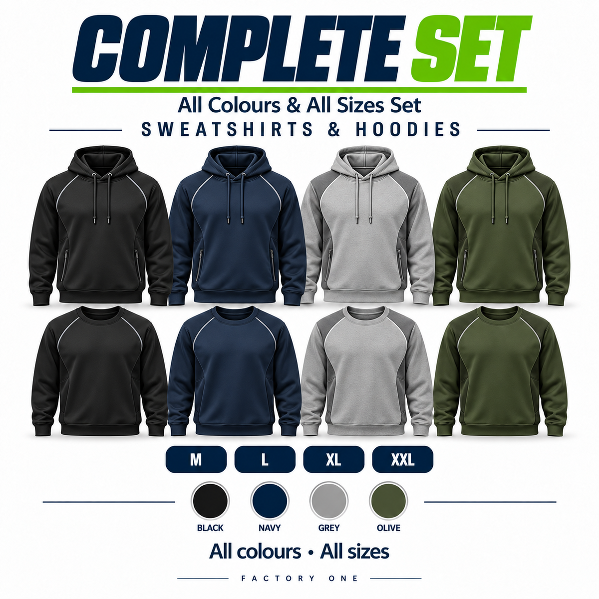 Sporty Sweatshirts & Hoodies — All Colours & All Sizes Set