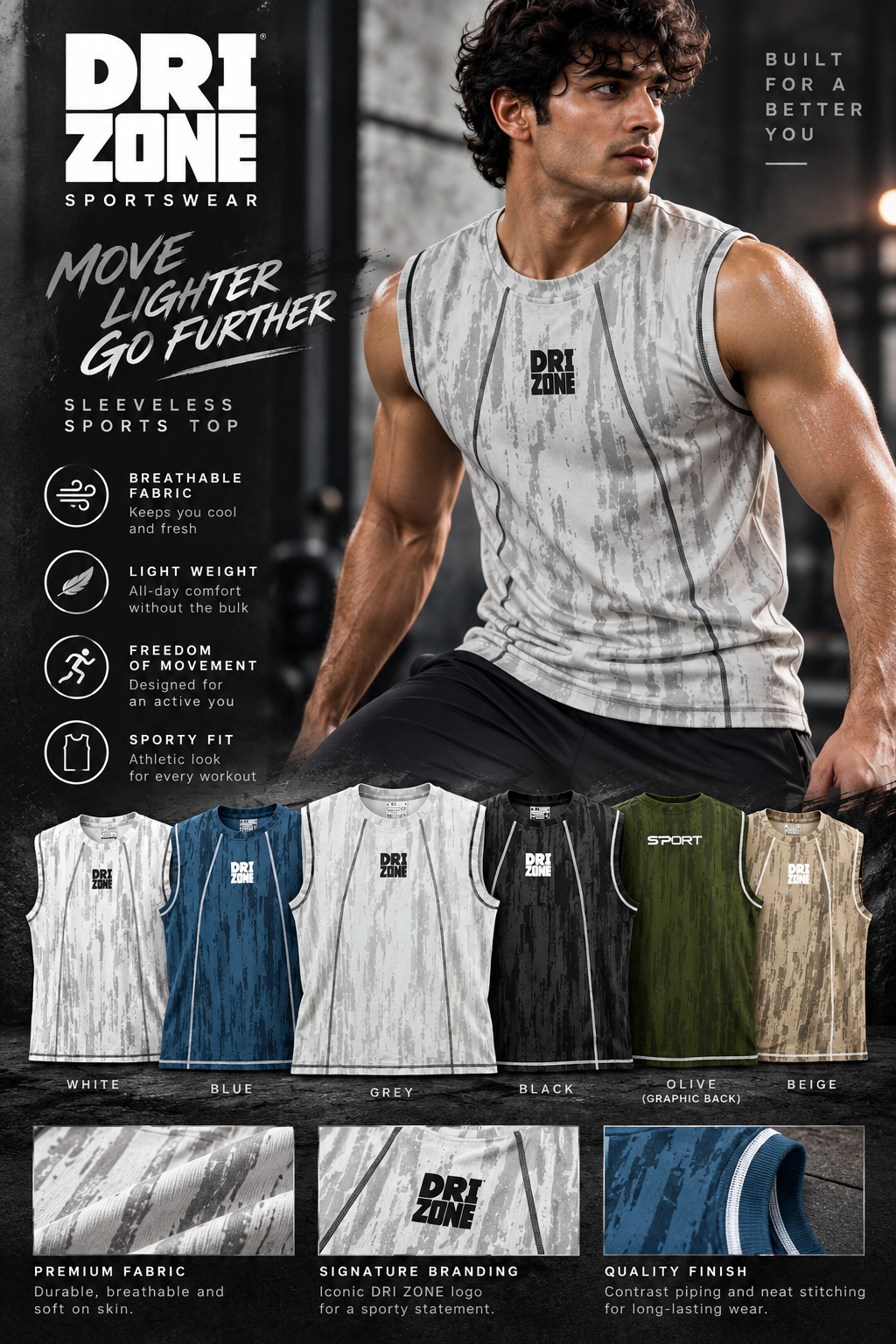 DM0007 Drizone Men Imported COT-DRI Round Neck Cut Sleeve HD Logo Sando