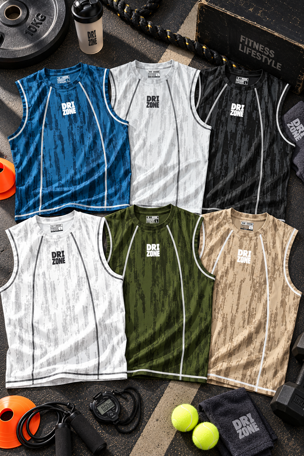 DM0007 Drizone Men Imported COT-DRI Round Neck Cut Sleeve HD Logo Sando