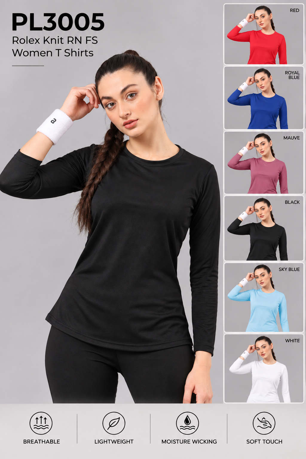 PL3005 Women Imported Rolex Knit Round Neck Full Sleeve Plain T-Shirt